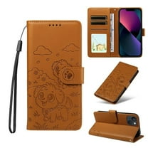 For iPhone 14 Plus Litter Dog Embossing Leather Phone Case with RFID Blocking Card Slot Wallet Magnetic Clasp Lanyard Flip Stand Case,Brown,For iPhone 14 Plus