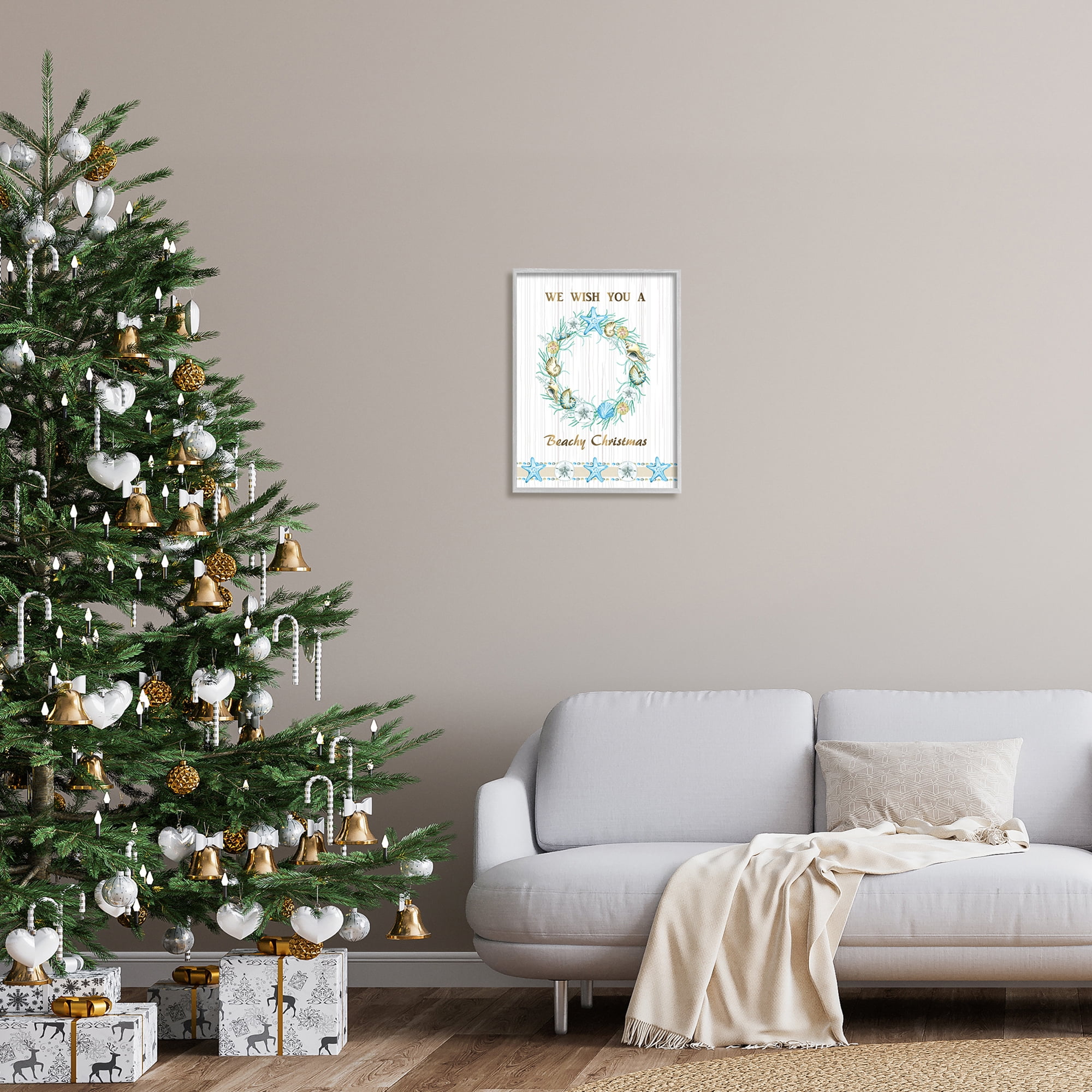 Beachy Christmas Sea Life Seashell Wreath Pattern Coastal Graphic Art Framed Art Print Wall Art