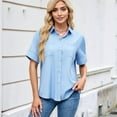 thumbnail image 5 of Womens Button Down Shirt Casual Short Sleeve Collared Work Blouse with Pocket Light Blue S, 5 of 7