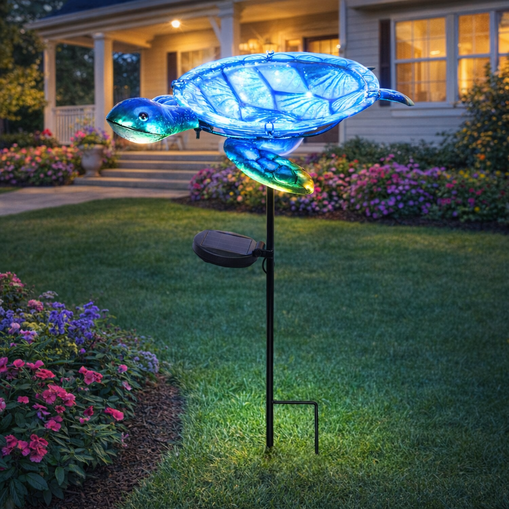 MUMTOP Outdoor Bird Bath Solar Birdbath Small Birdfeeder with Turtle Metal Stake for Garden Yard Outside Decor