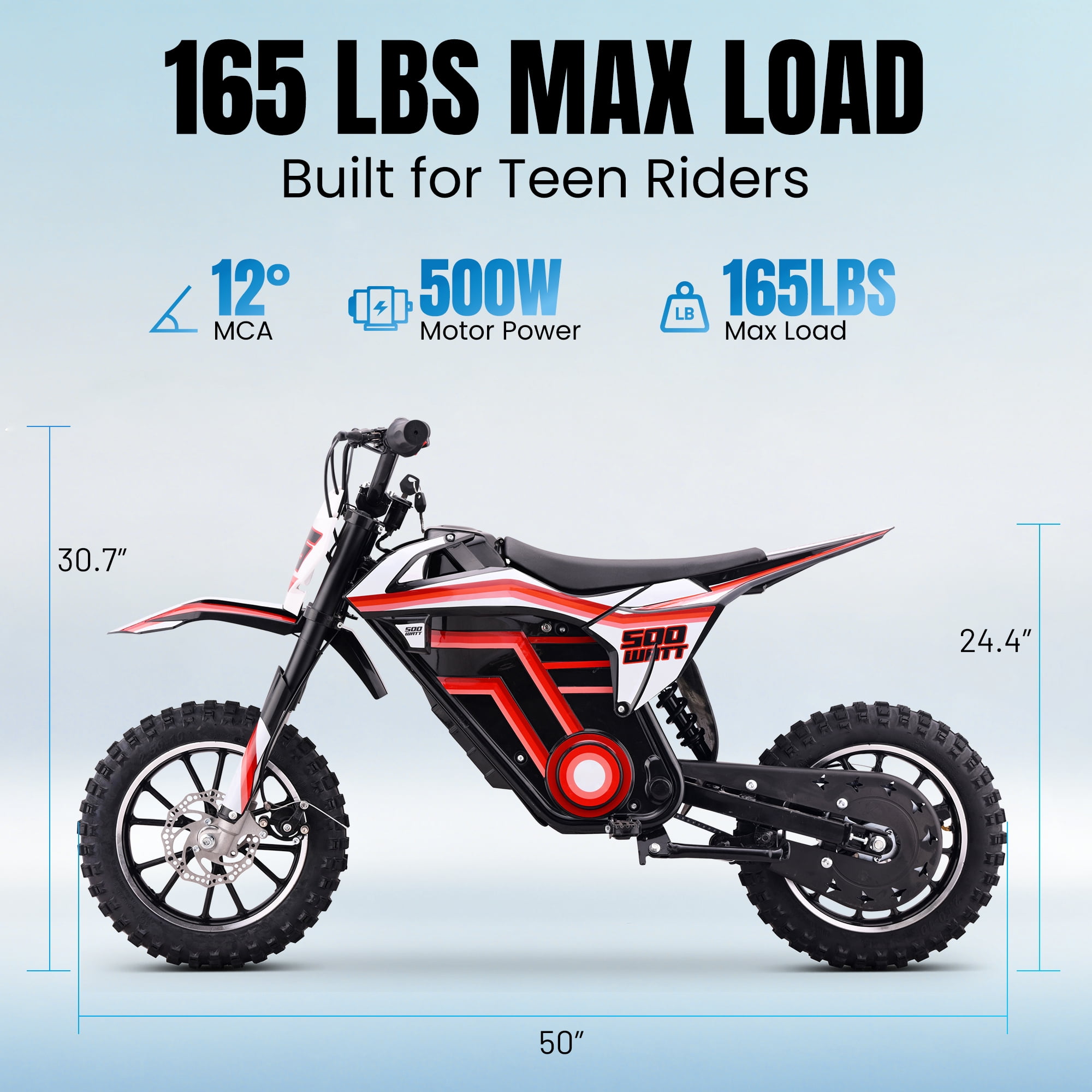 QEASET electric dirt bike, 500W kids dirt bike for Boys Girls Age 8-14, Red