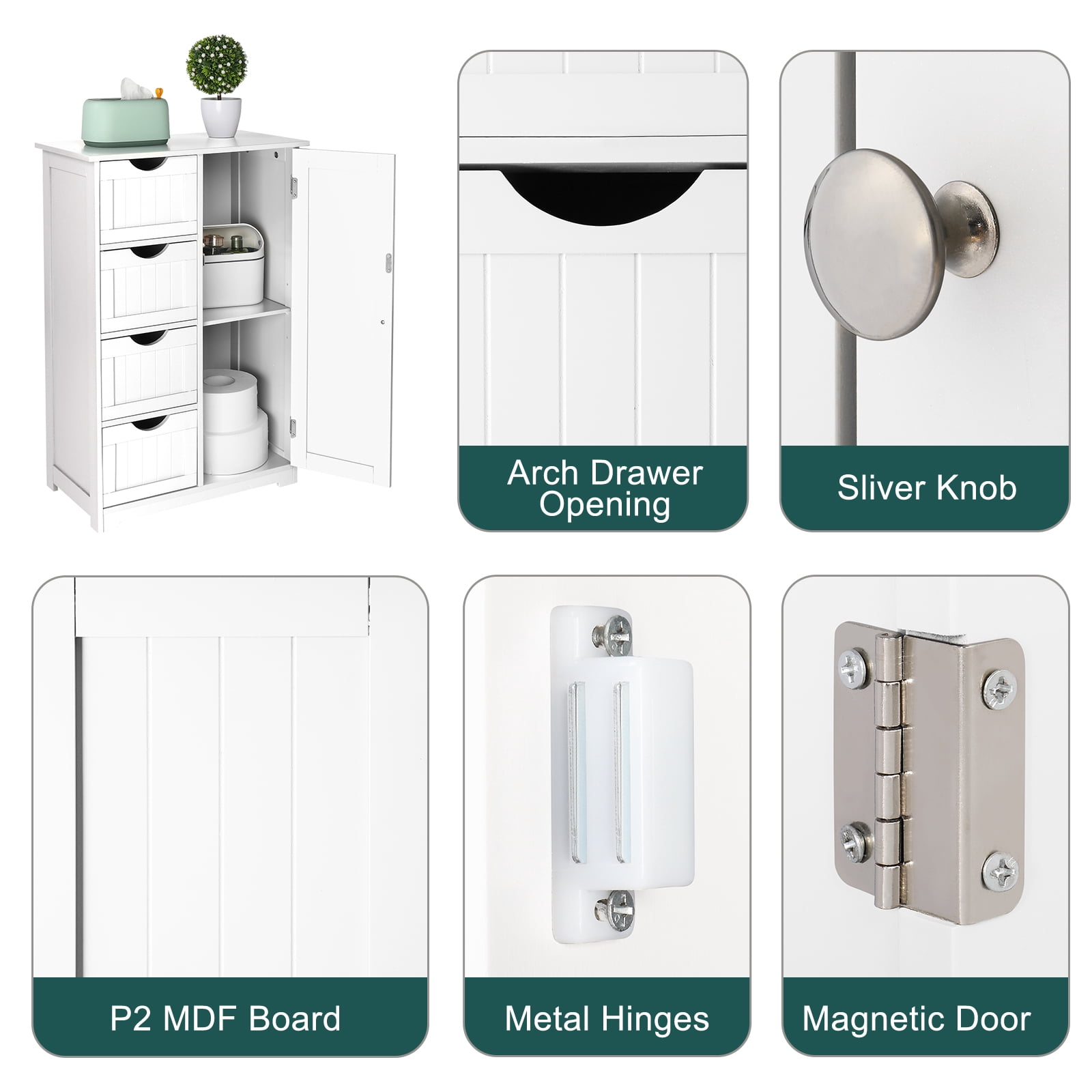 Bathroom Storage Cabinet with 4 Drawers and Single Door, MDF Freestanding Floor Cabinet, Space-Saving Organizer for Bathroom or Any Room