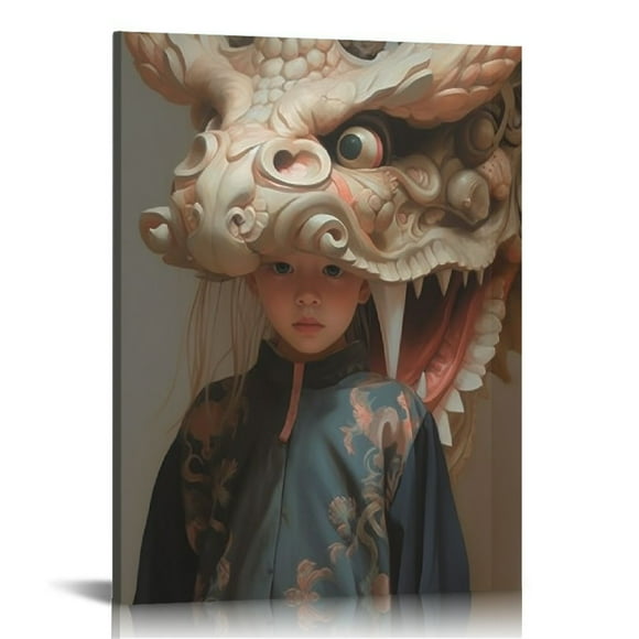 Acheng Chinese Trend Poster #Chinese Girl #Chinese Element Illustration #Chinese Lion Dance Poster #Lion Po Gifts Canvas Painting Poster Wall Art Decorative Picture Prints Modern Decor Framed 12x16 in