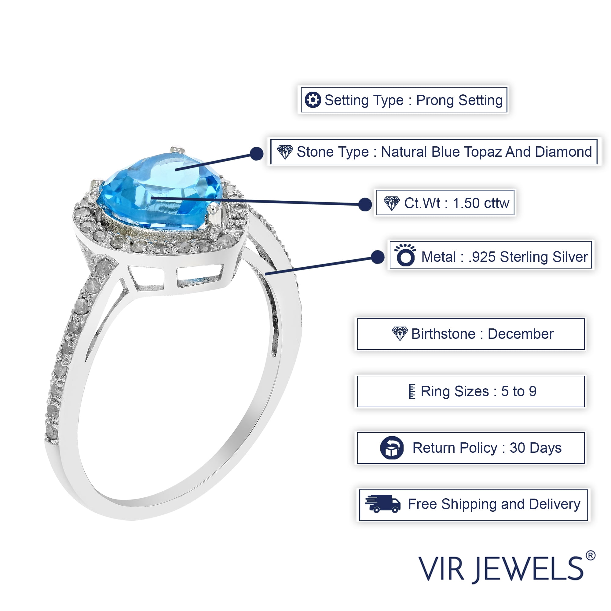 Vir Jewels 1.50 CTTW Swiss Blue Topaz and Diamond Heart Ring .925 Sterling Silver Size 8 Female Adult