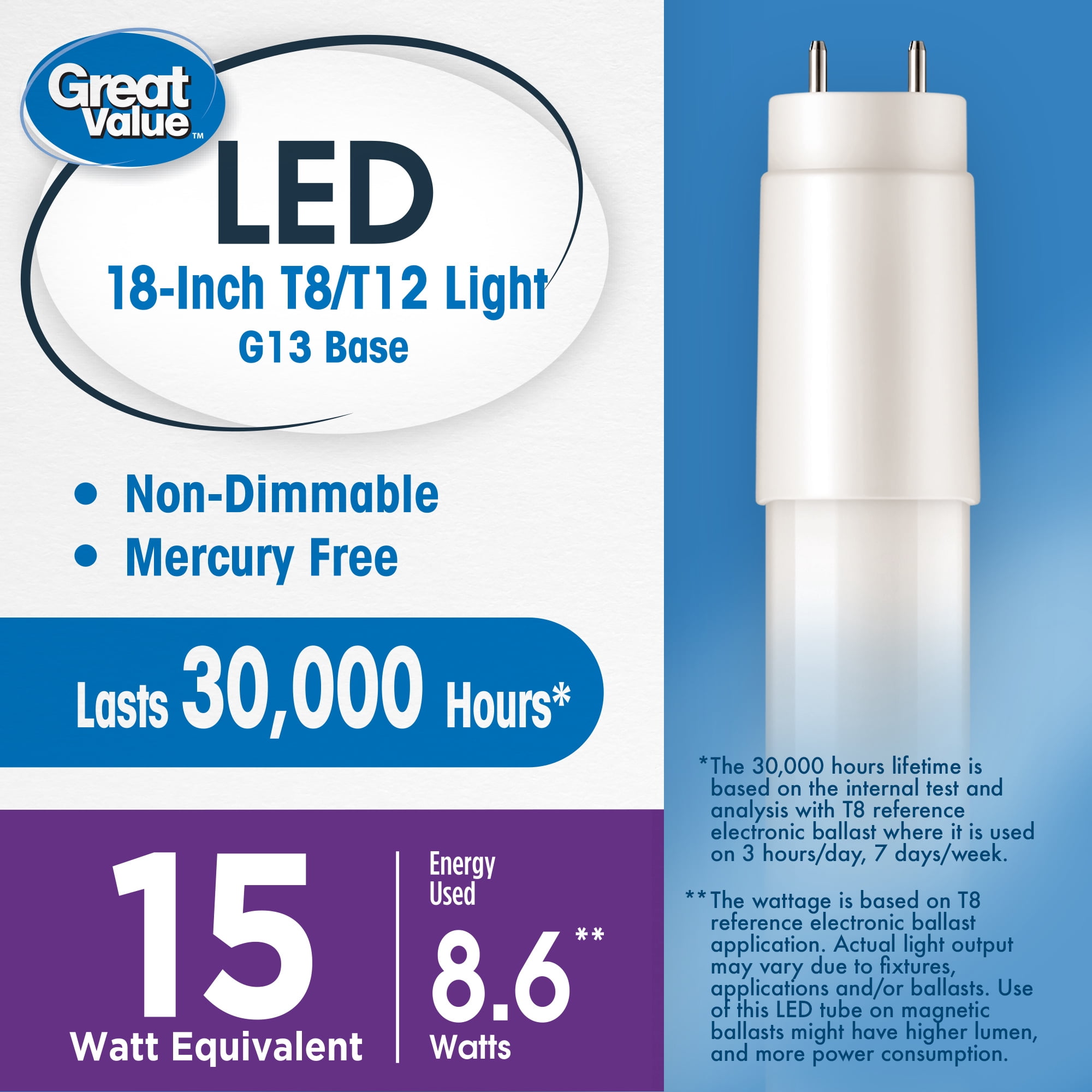 Great Value T8/T12 LED 8.6W (15W Equivalent) Adjustable Color Temperature Replacement G13 Base Light, 18"