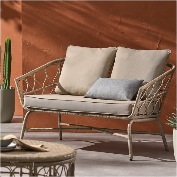 JERFIT 2-Person Outdoor Loveseat, PE Wicker Rattan Patio Sofa with Water-Resistant Cushions, Brown Boho Chic Garden Bench for Porch, Deck, Backyard