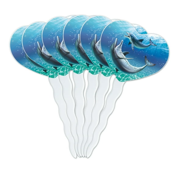 Dolphin and Baby Having Fun Ocean Heart Love Cupcake Picks Toppers Decoration Set of 6