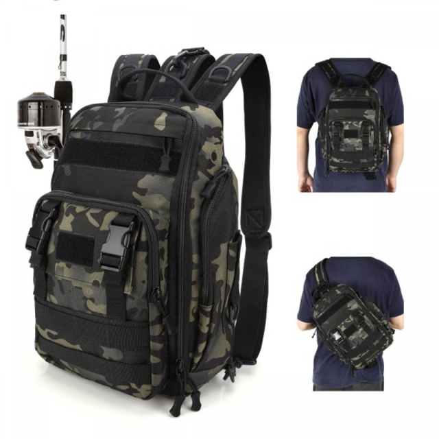 (Verde militar) Correa de tres hombros impermeable y duradera Bolsa de señuelo de doble propósito de un solo y doble hombro Bolsa de pesca para equipo de pesca