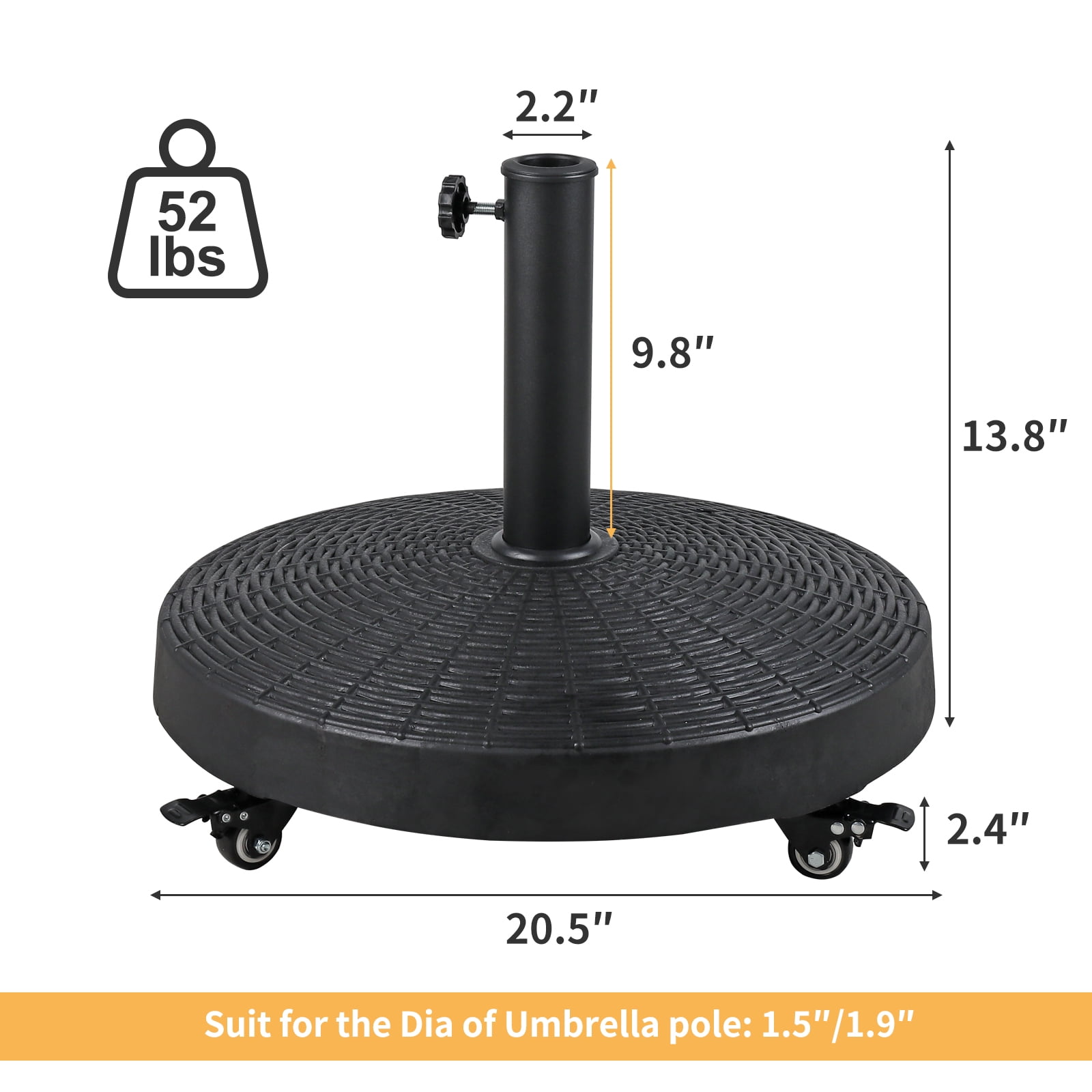COBANA Patio Umbrella Base with Lockable Wheels, Heavy-Duty Stand Resin Weights for Outdoor Market Umbrella, 52lbs, Rattan Design, Black
