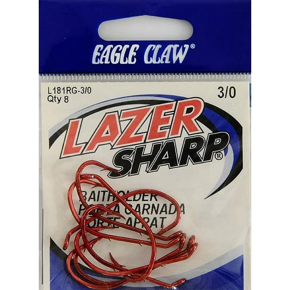 Lazer Sharp L181RGH-3/0 Baitholder Down Eye Offset Hook, Red, Size 3/0, 8 Pack