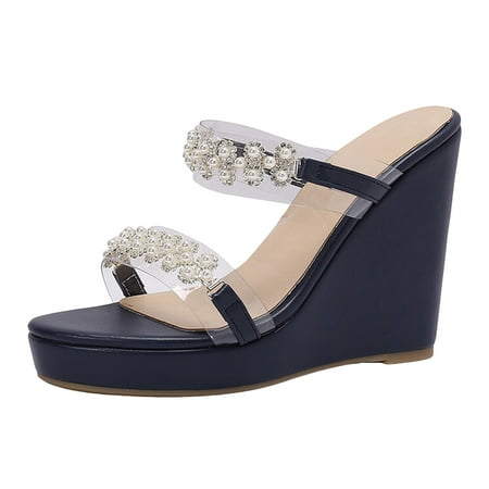 

WNVMWI Sandals Women Women s Platform & Wedge Sandals Beach Sandles for Women Blue Shoes Slippers Flip Flops Summer Transparent Rhinestone Thick Bottom Slope Beach Non Slip Out Lightweight La Size 39