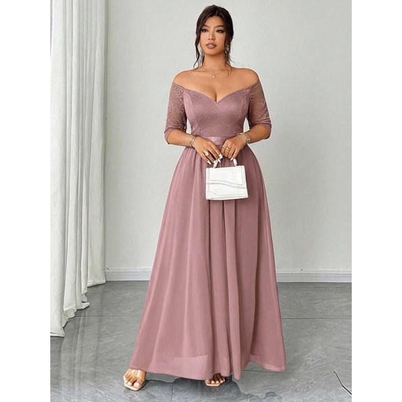 Pink Women's Elegant Romantic Party Dress, Lace Patchwork Off Shoulder
