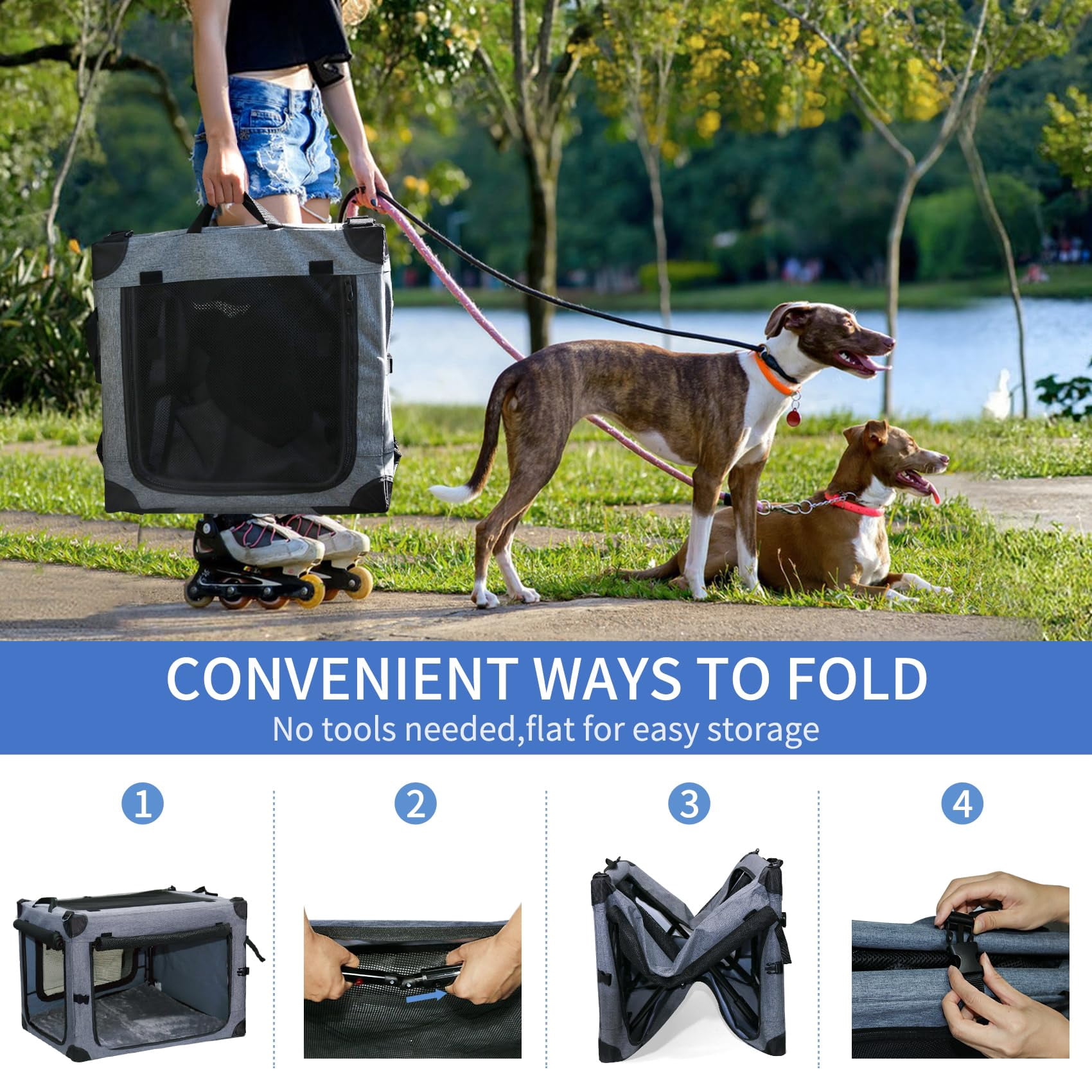 Collapsible Dog Crates For Large Dogs Portable Soft Sided Travel Carrier Indoor & Outdoor  4-door Foldable Pet Kennel With Durable Mesh Windows (gray 30.0" L X 20" W 20.0" H)