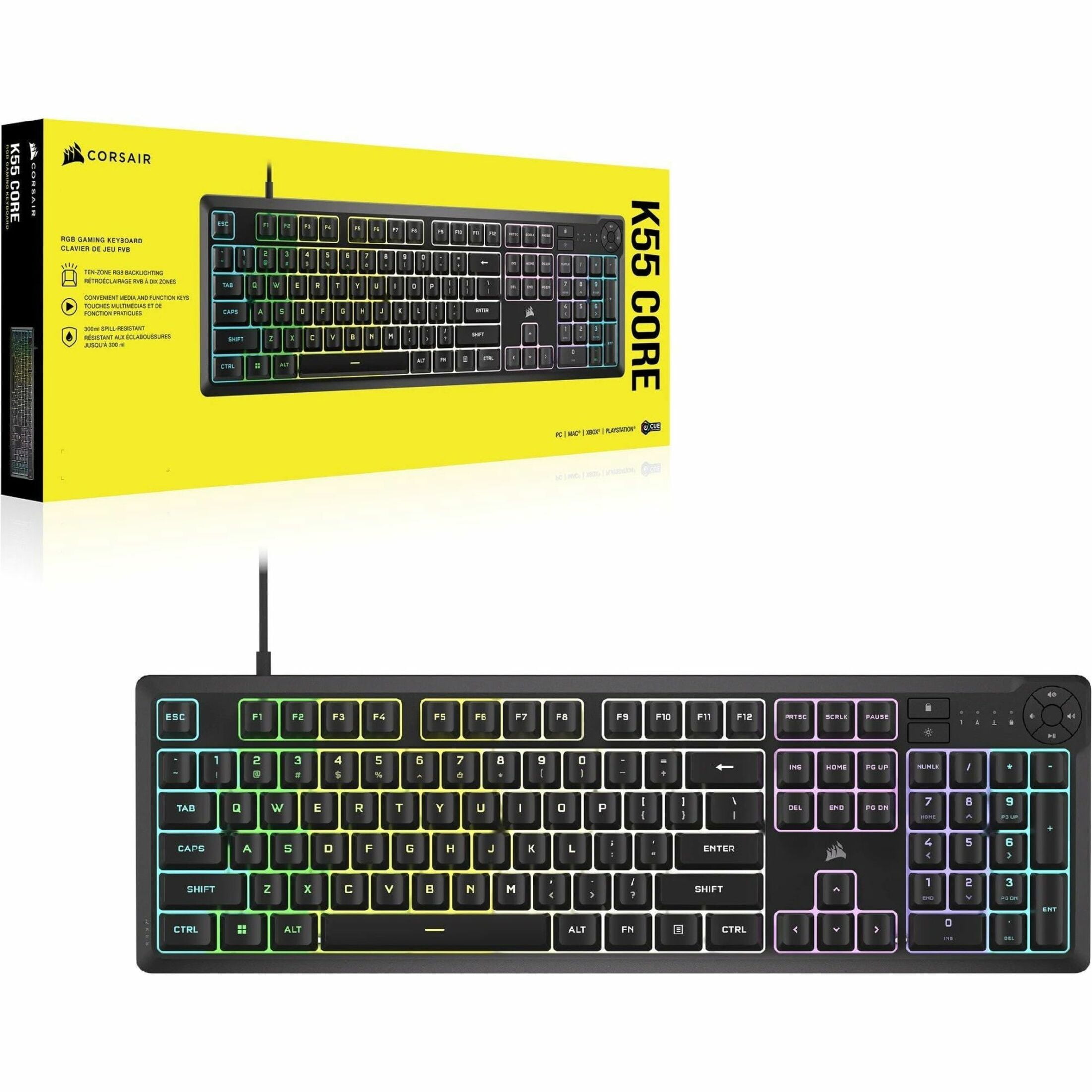 Corsair K55 CORE RGB Gaming Keyboard - Black - Cable Connectivity - Full-size - USB 2.0 Type A Interface - RGB LED - 110 Key(s) - Windows Lock Key, Brightness, Volume Control, Play/Pause, Multimedi...
