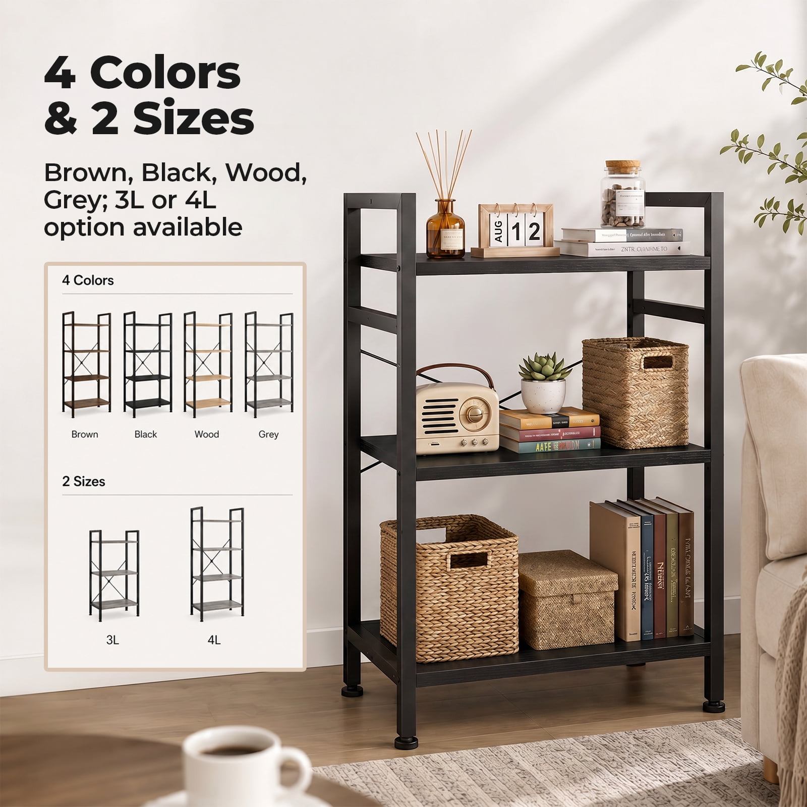 Alvantor 3/4-Tier Industrial Bookshelf, Narrow Storage Rack classical-style shelves for living rooms, homes, and offices