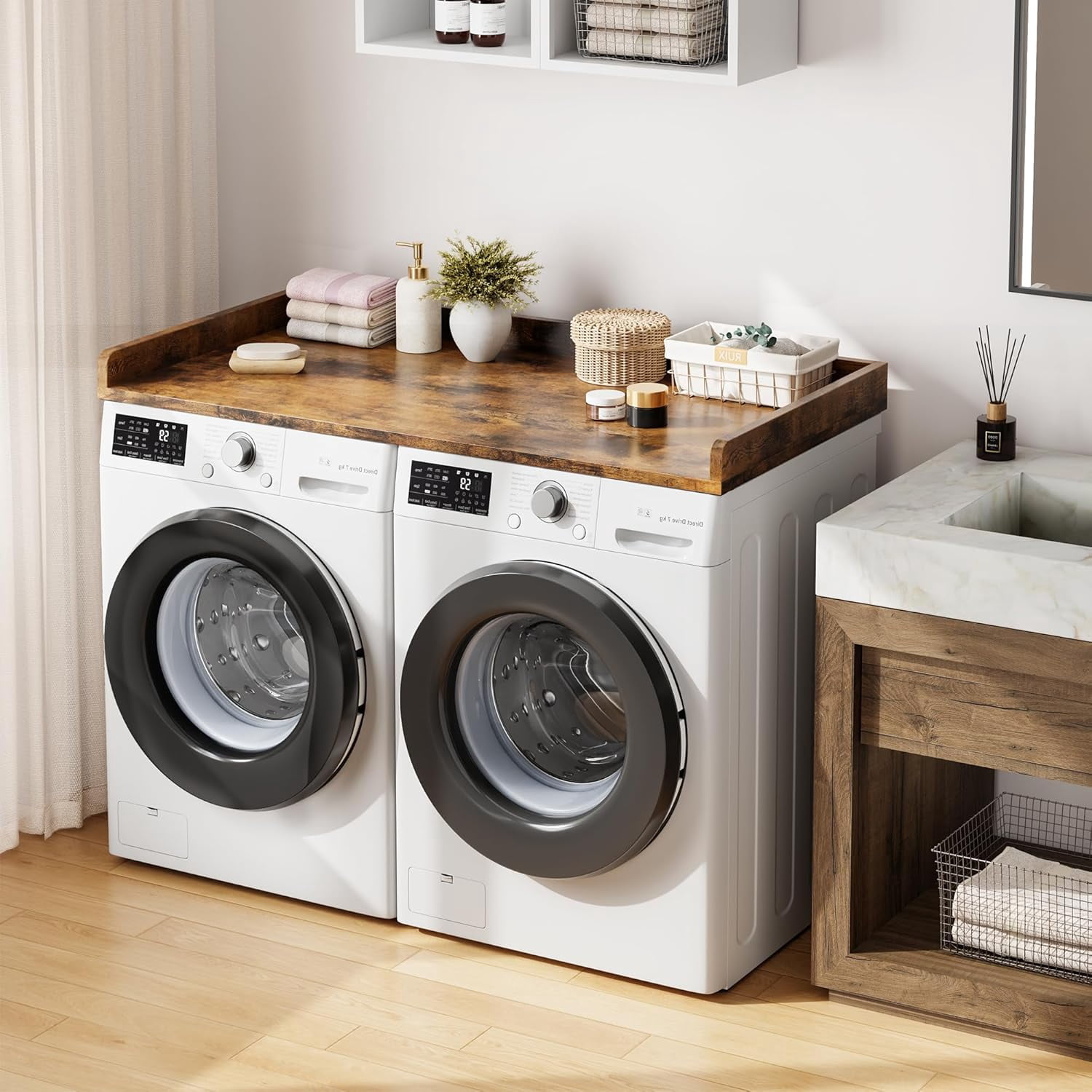 Washer Dryer Countertop, laundry topper with Edge and Non-Slip Pad for Washer Dryer Laundry Hamper Counter Storage Organization 54"x27.5" Retro