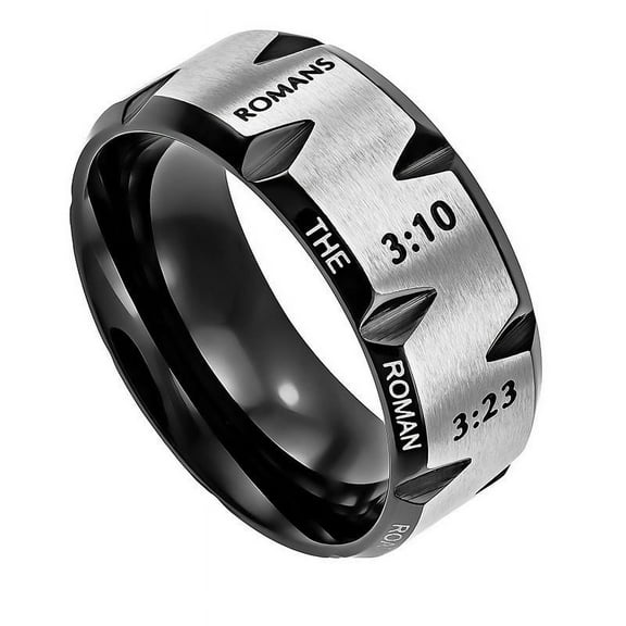 Roman Road Ring with Gospel Verses, Black Stainless Steel