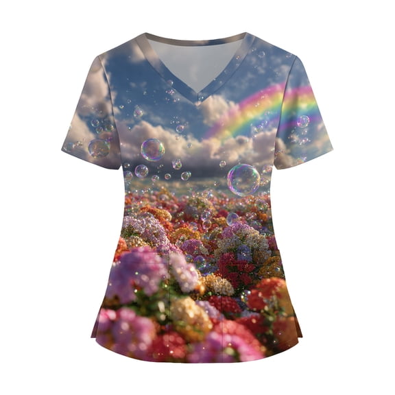 LHVUOA Scrubs Tops for Women Cute Kitty and Clouds Print Short Sleeve Nurse Working Uniforms Cartoon Pattern Tops with Pockets