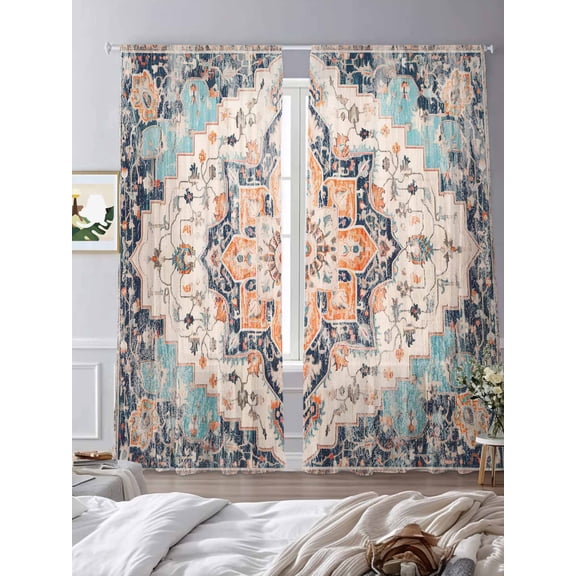 Boho Sheer Curtains 108 inches Long 2 Panels Set Vintage Medallion Damask Floral Abstract Middle Ages Tiers Sheers Rod Pocket Small Window Short Curtains for Kitchen Cafe, Each 52" W x 108" L