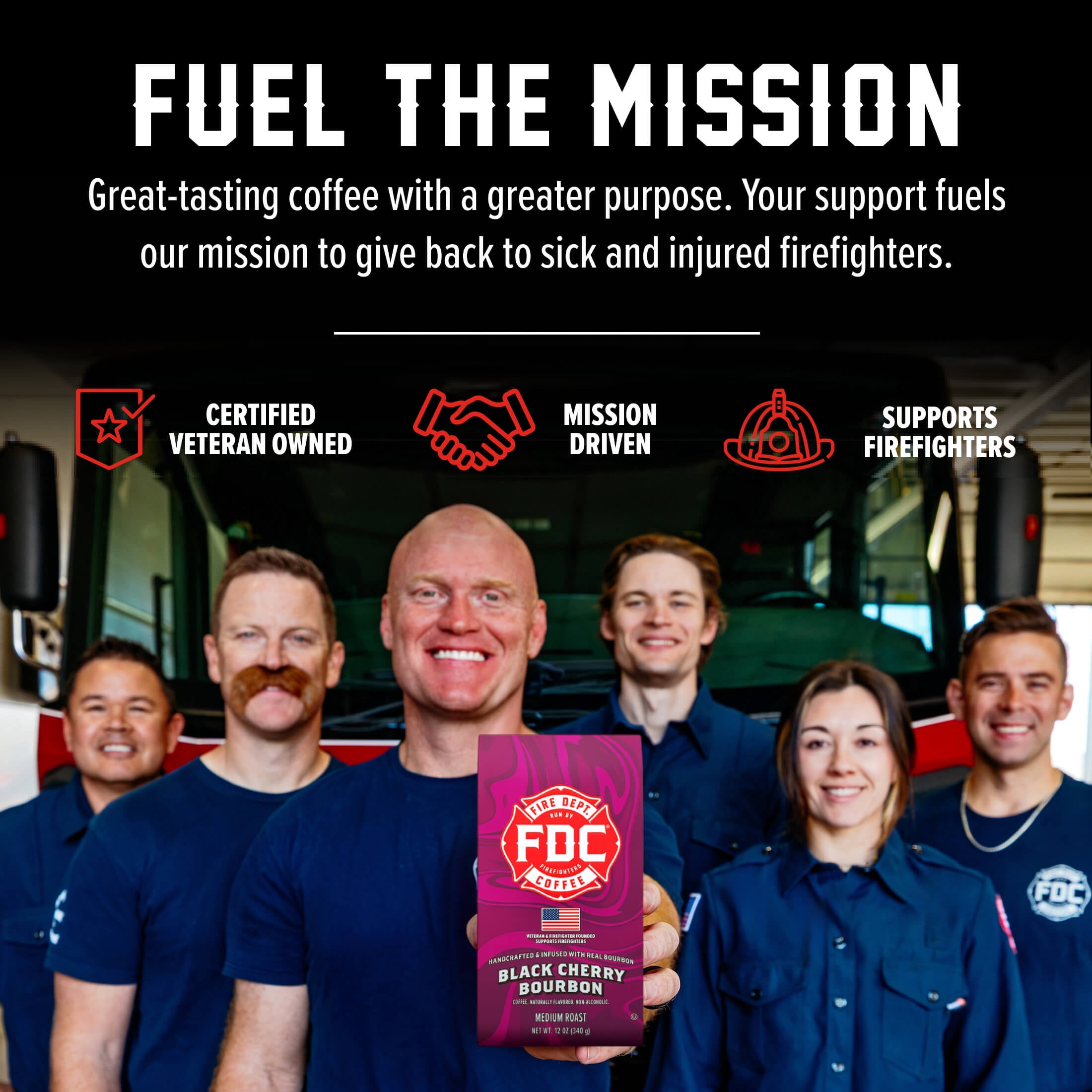 (6 pack) Fire Department Coffee, Black Cherry Bourbon Infused, Premium Ground Coffee, Medium Roast 12 oz.