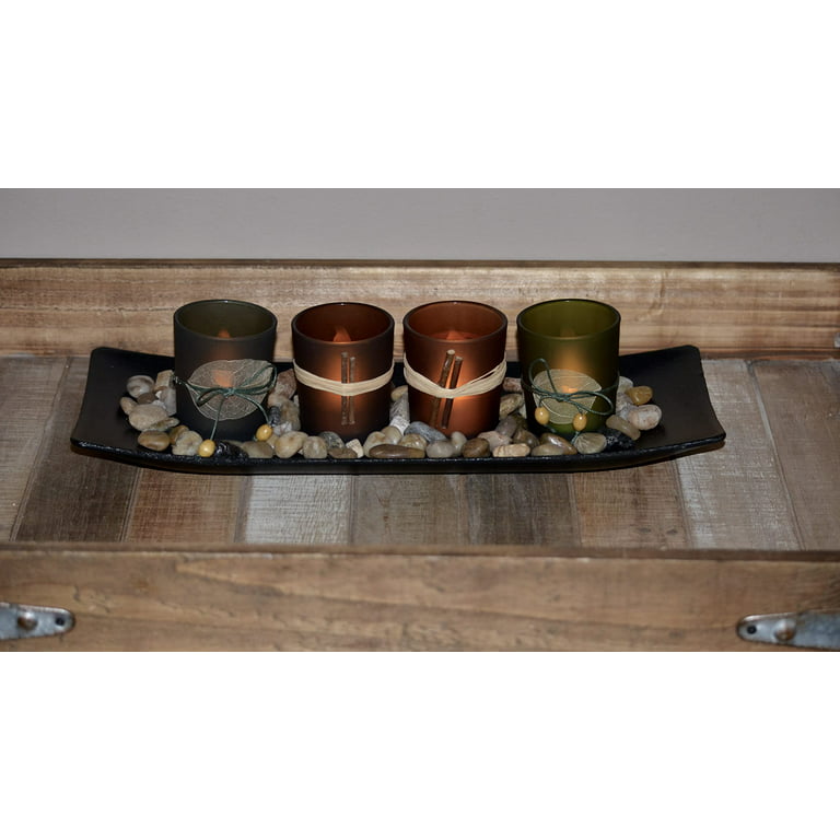 Hanobe Long Narrow Wood Candle Tray Rustic Wooden Candle Holders Decorative Rectangular Table Centerpieces for Living Room Farmhouse Pillar Stand Tea