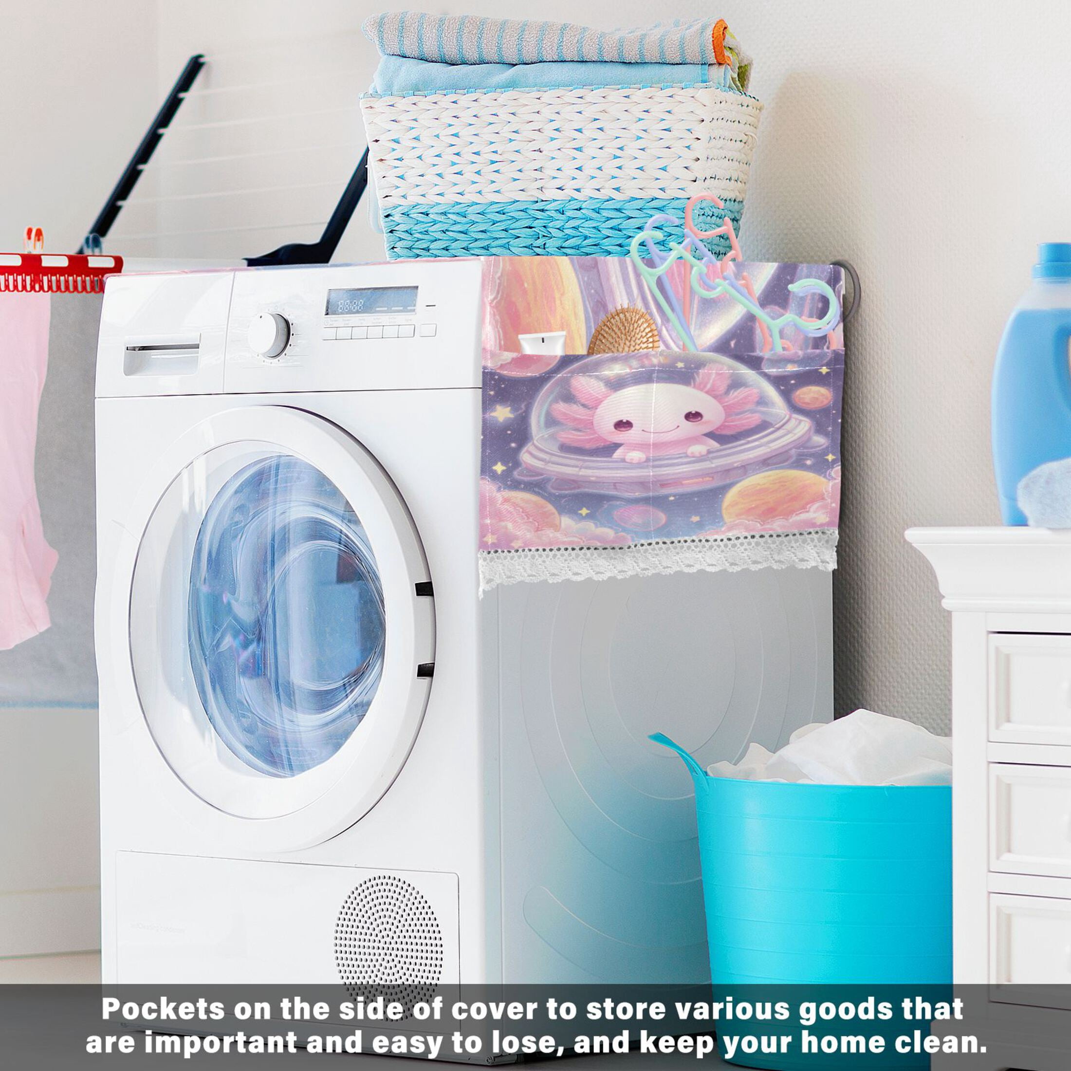 Wobogo Space Axolotl Washing Machine Cover Dustproof Washer Dryer Cover Waterproof Laundry Room Decorative Protector