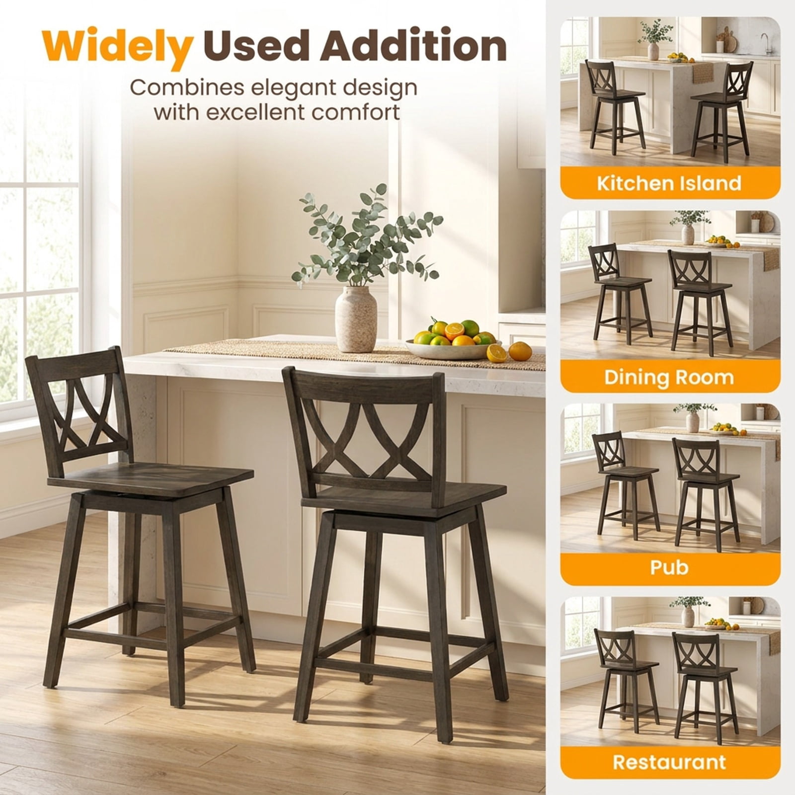 Furnibear 24/29 Inch Bar Stool Set of 2 Wooden Bar Chairs with Rubber Wood Frame-24 inches for Kitchen Island Counter Bar Pub Dining Home, Gray