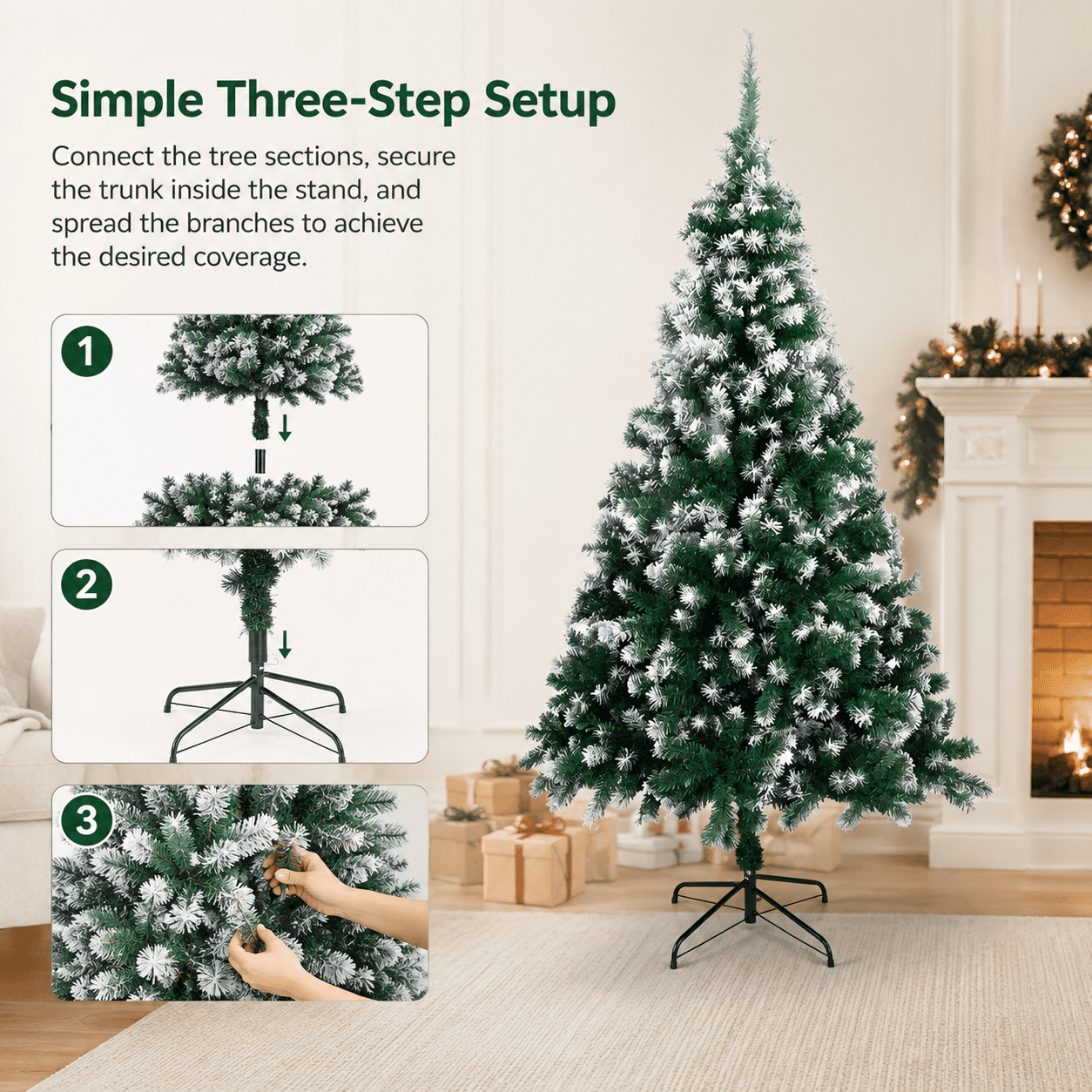 Alvantor 7 ft Unlit Artificial Christmas Tree with 870 Snow-Tipped PVC Branch Tips and 3-Screw Metal Stand, Green and White