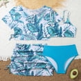 thumbnail image 2 of kpoplk 3 Piece Girls Swimsuit Allover Print Bikini Set and Coordinating Solid Color Cover Up Beach Skirt for 6-14 Years(Dark Blue,7-8 Y), 2 of 6