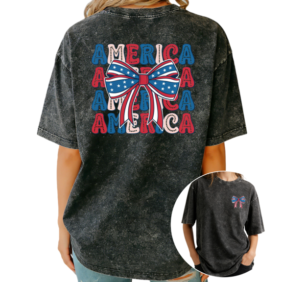 Giffimy Women America Flag Bow Stacked Print Vintage Washed T-Shirt Short Sleeve Fit Black S-2XL