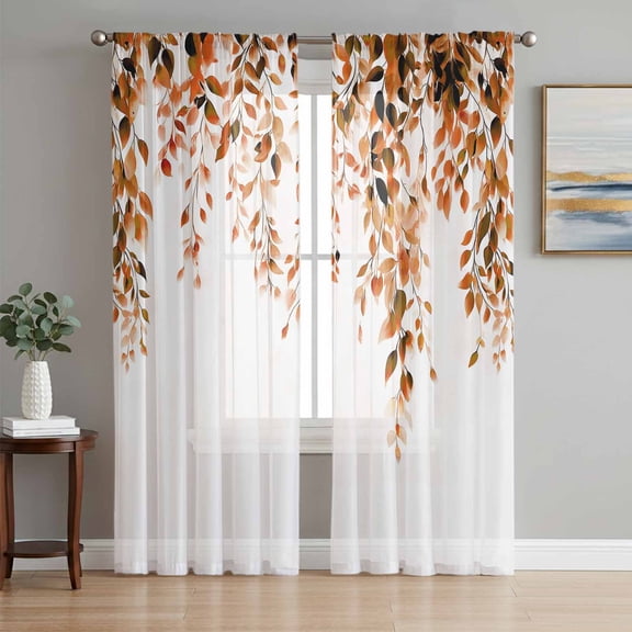 Orange Eucalyptus Sheer Curtains 84 Inch Length 2 Panels Set, Fall Weeping Botanical Leaf Watercolor Voile Window Treatment Rod Pocket Curtains Sheers Drapes for Bedroom/Living Room/Kitchen 52"x84"x2