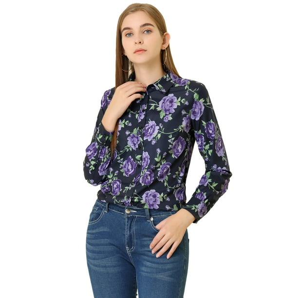 Camisa de oficina Allegra K de manga larga con blusa formal informal estampada para mujer Morado Floral XS