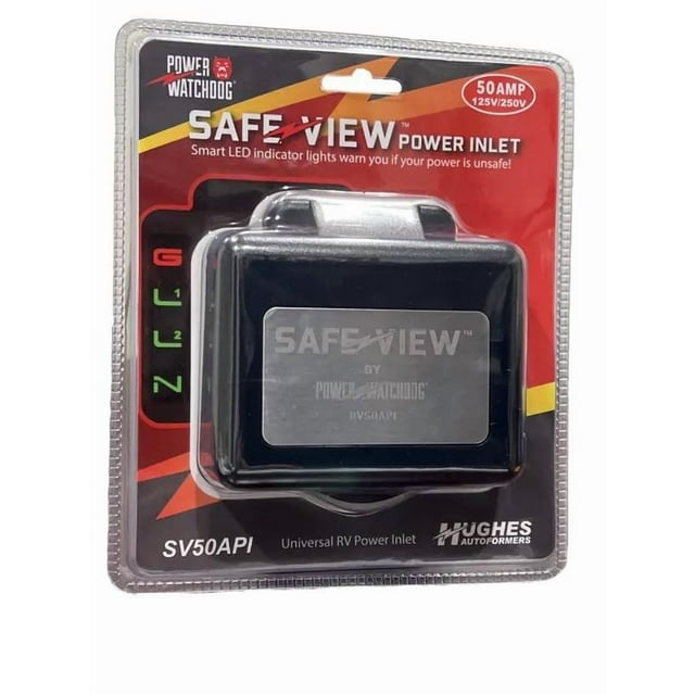 Hughes Auto Power Inlet Port SV50API SafeView; Manual Power Disconnect; 50 Amp; 125 Volt; Black; Nickel Plated Contacts; Twist Lock Design; ETL Certified