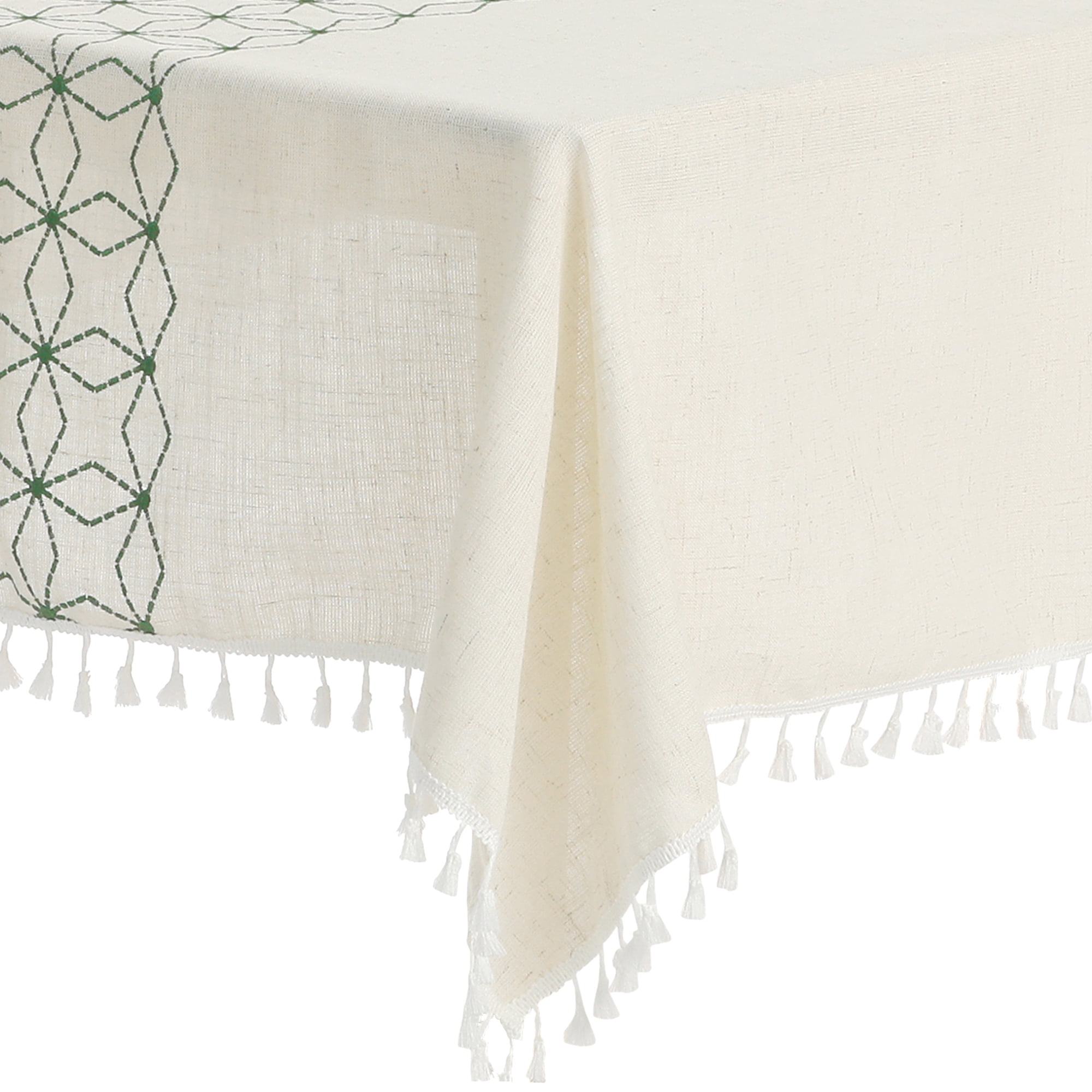 Unique Bargains Rustic Tablecloth Cotton Linen Waterproof Table Cover with Tassels, Diamond Green 35"x35"