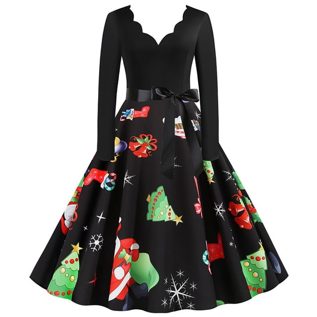 Pompotops Robe Vintage Imprimée à Manches Longues Col en V pour Femmes Soirée de Noël