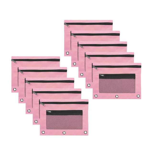 Binder Pencil Case 10PCS,Three Hole Pen Bag9.84x7.48x0.08in,Cloth File Storage with Zipper Compartment for Learning Office Organization