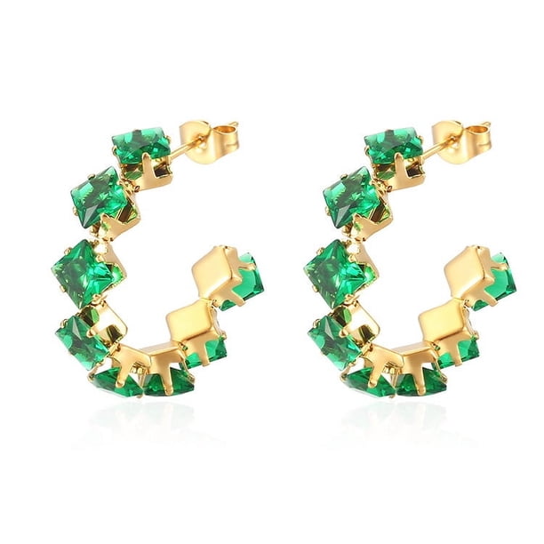 Nvzi Pendientes de acero inoxidable con circonita cúbica, pendientes sencillos y modernos de acero de titanio con diamantes de imitación de arcoíris (verde)