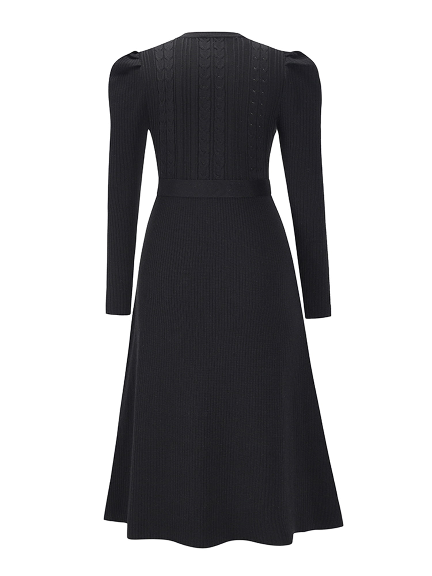 Knit Midi Dress Long Puff Sleeve Solid 