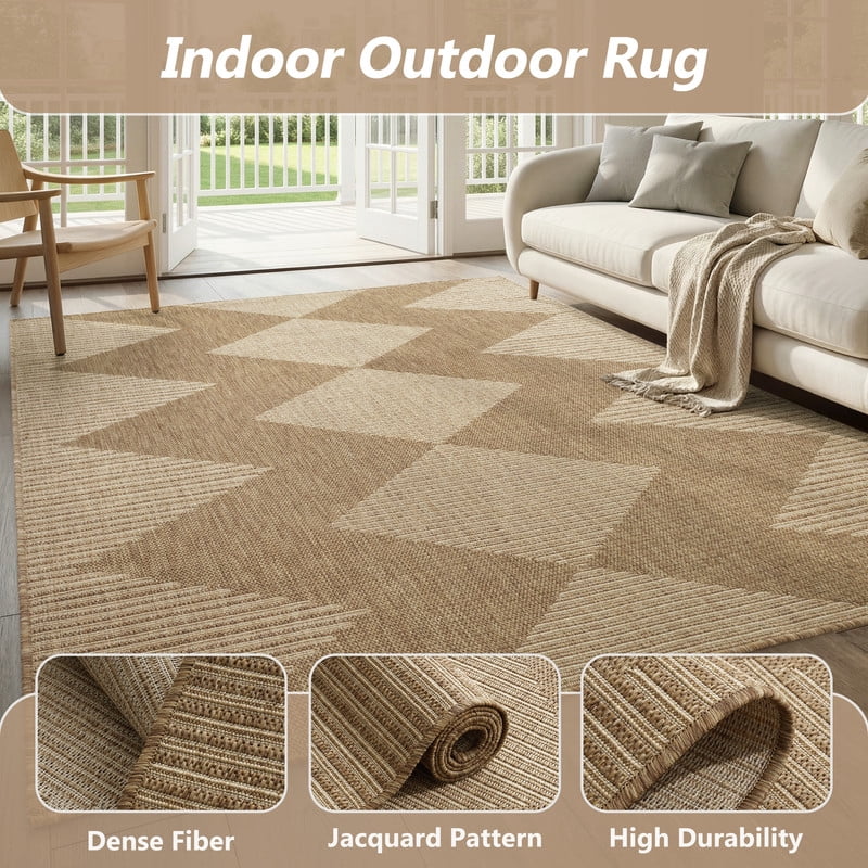 SIXHOME 8'x10' Outdoor Rugs, Bohemian Geometry Patio Rug, Indoor Outdoor Polypropylene Weave Textured Carpet, Water-Resistant, Quick-Dry Rug for Porch, Balcony, RV, Garden, Neutral Brown