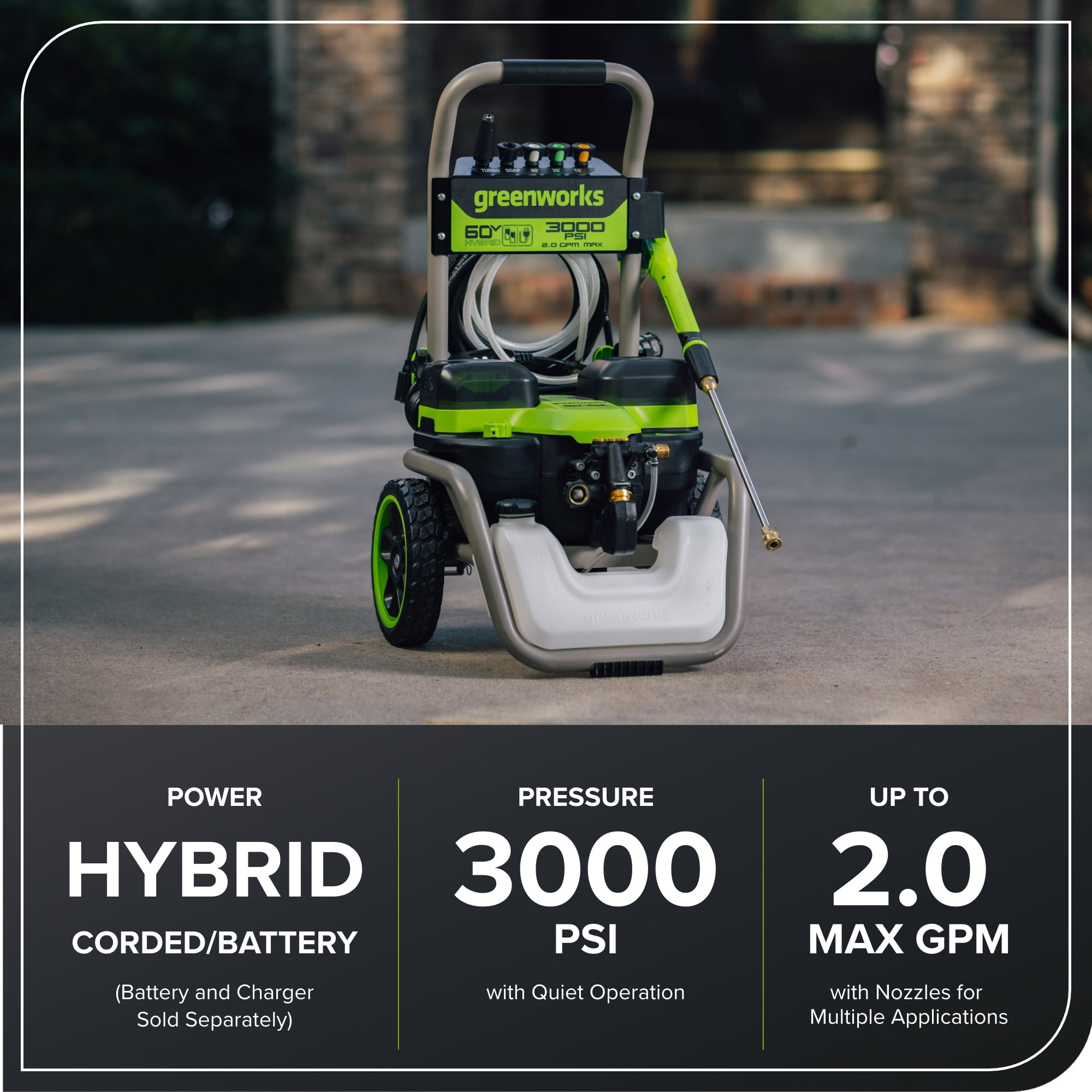 Greenworks Hybrid 60V 3000 MAX PSI at 2.0 GPM MAX Electric Pressure Washer + (2) 5.0Ah Batteries & Dual-Port Charger 5128202