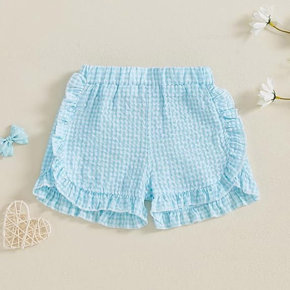 Krdevn Girls Gingham Seersucker Shorts with Ruffle Hem Elastic Waist Summer Casual Play Shorts,9-12 Months