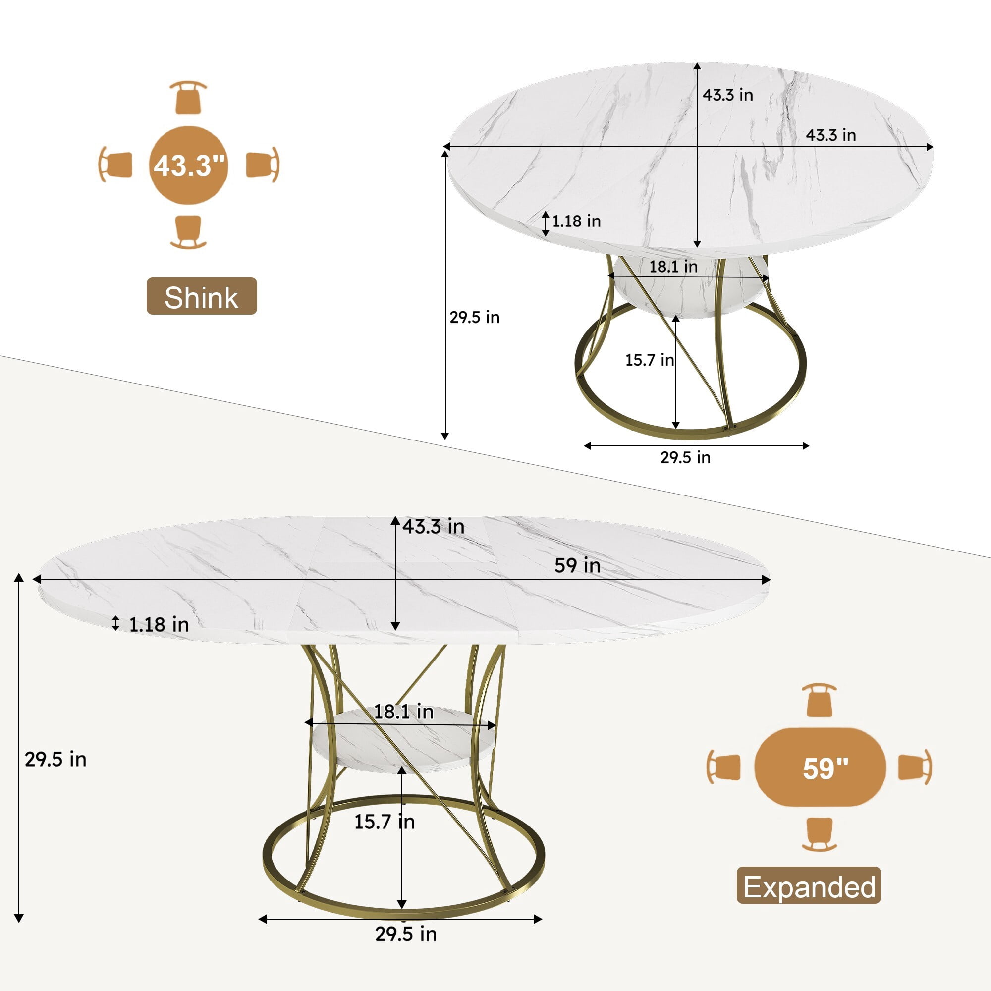 AENKYO 43"-59" Expandable Round Dining Table with Storage, White Marble Top & Gold Hourglass Metal Base, Seats 4-6
