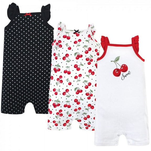 Hudson Baby Infant Girl Cotton Rompers 3pk, Cherries, 0-3 Months