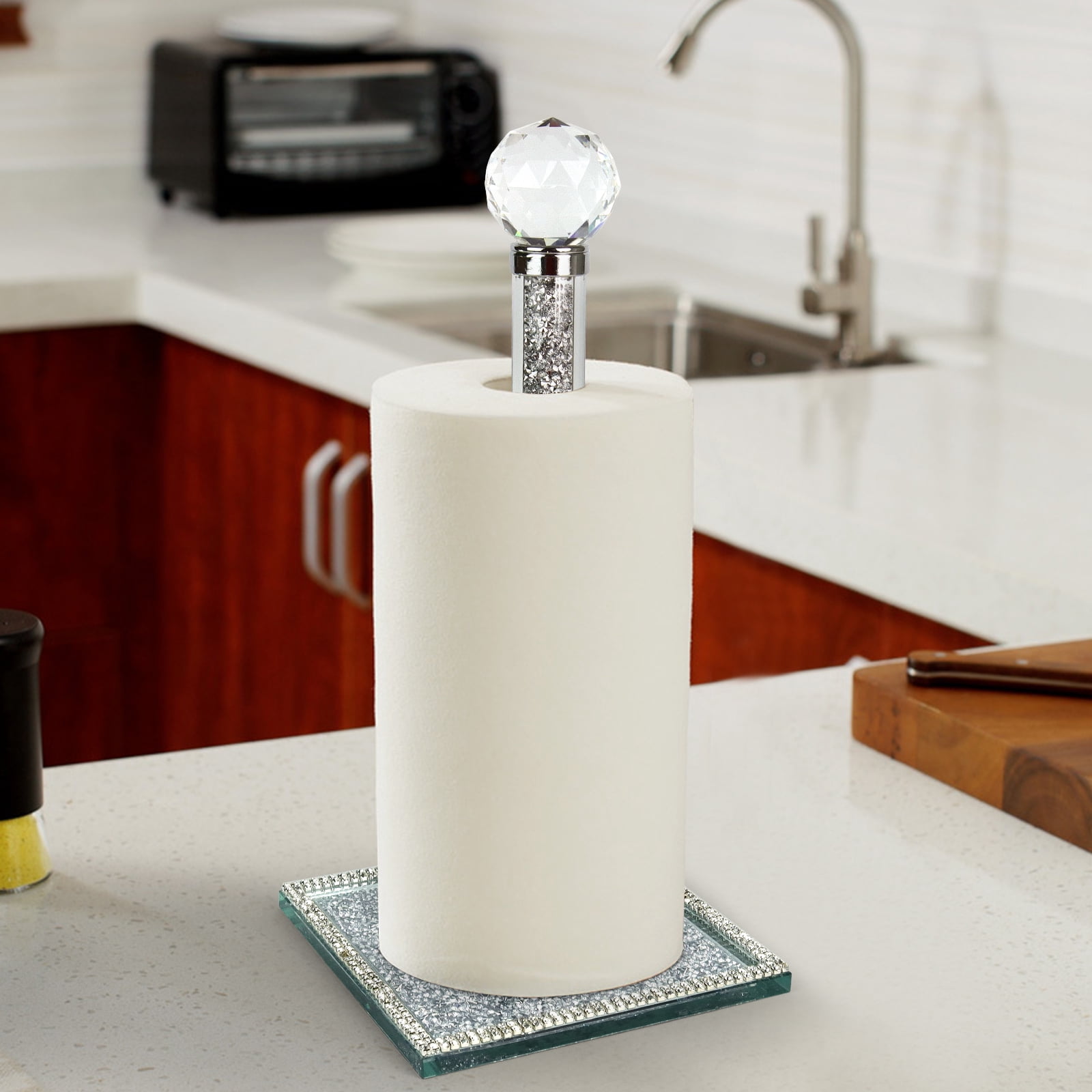 FOUNDLDF Paper Towel Holder, Kitchen Countertop Square Base Vertical Paper Towel Holder, Sparkling Crystal Crushed Diamond Effect Bathroom Paper Towel Holder