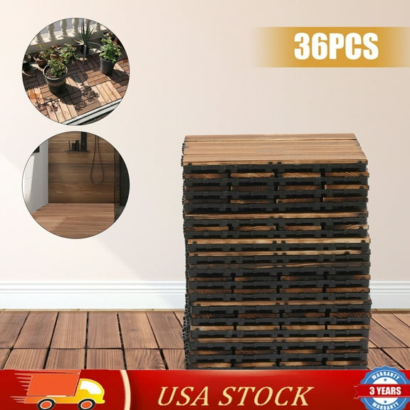 SHZICMY 36Pcs 12''x12'' Hardwood Interlocking Patio Deck Tiles Wood Flooring For Outdoor