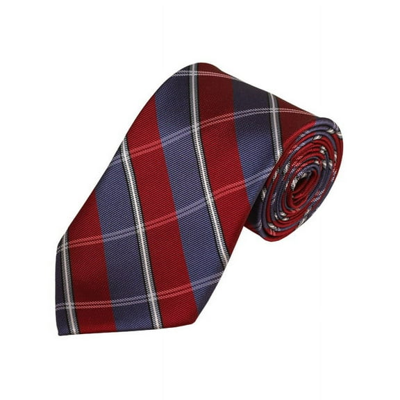 Silver, Blue-Grey And Red Plaid Woven Necktie