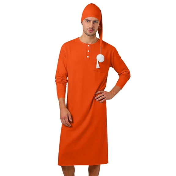 Pajama Sets for Men 2 Piece Casual Long Sleeve Button Sleepshirt with Hat Pjs,Red,L