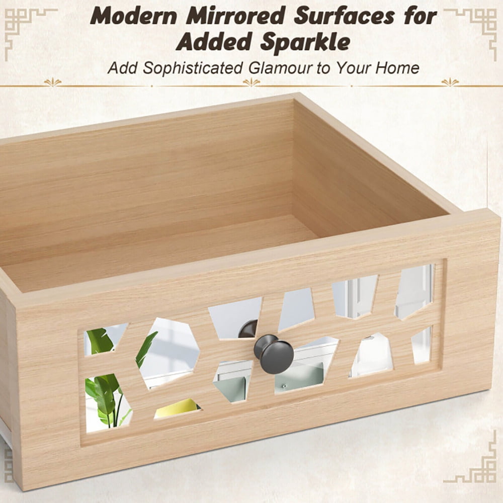 Finihen End Table, Wood Retro End Table with Mirrored Glass Drawer and Open Storage Shelf, Sofa Side Table, Bed Side Table, for Living Room, Bedroom, Natural Finihen End Table, Wood Retro End Table with Mirrored Glass Drawer and Open Storage Shelf, Sofa Side Table, Bed Side Table, for Living Room, Bedroom, Natural