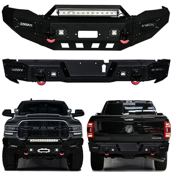 Vijay Compatible with 2019-2020-2021-2022-2023-2024-2025 Dodge RAM 2500/3500 Front and Rear Bumper Textured Black Steel with Light and D-ring