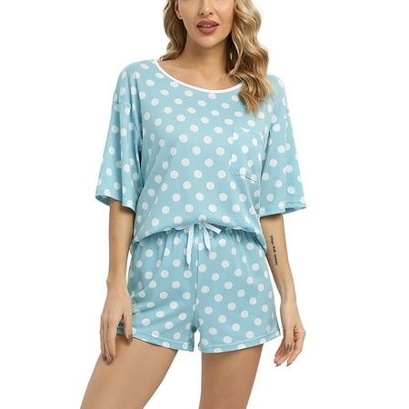 

WBQ Women s Pajamas Sets Short Sleeve Top + Shorts Two-piece Set Soft Sleepwear Polka Dot Printed Nightwear Loungewear Set with Drawstring Blue S-2XL
